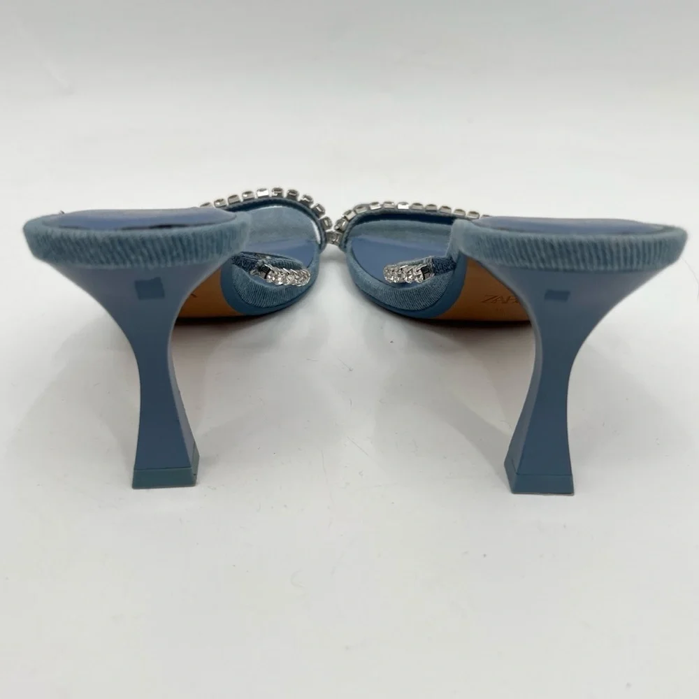 Zara denim Blue Rhinestone Slide Strappy square toed  Heels new size 39